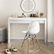 Viviere white dressing table styled as a vanity with round mirror and chair