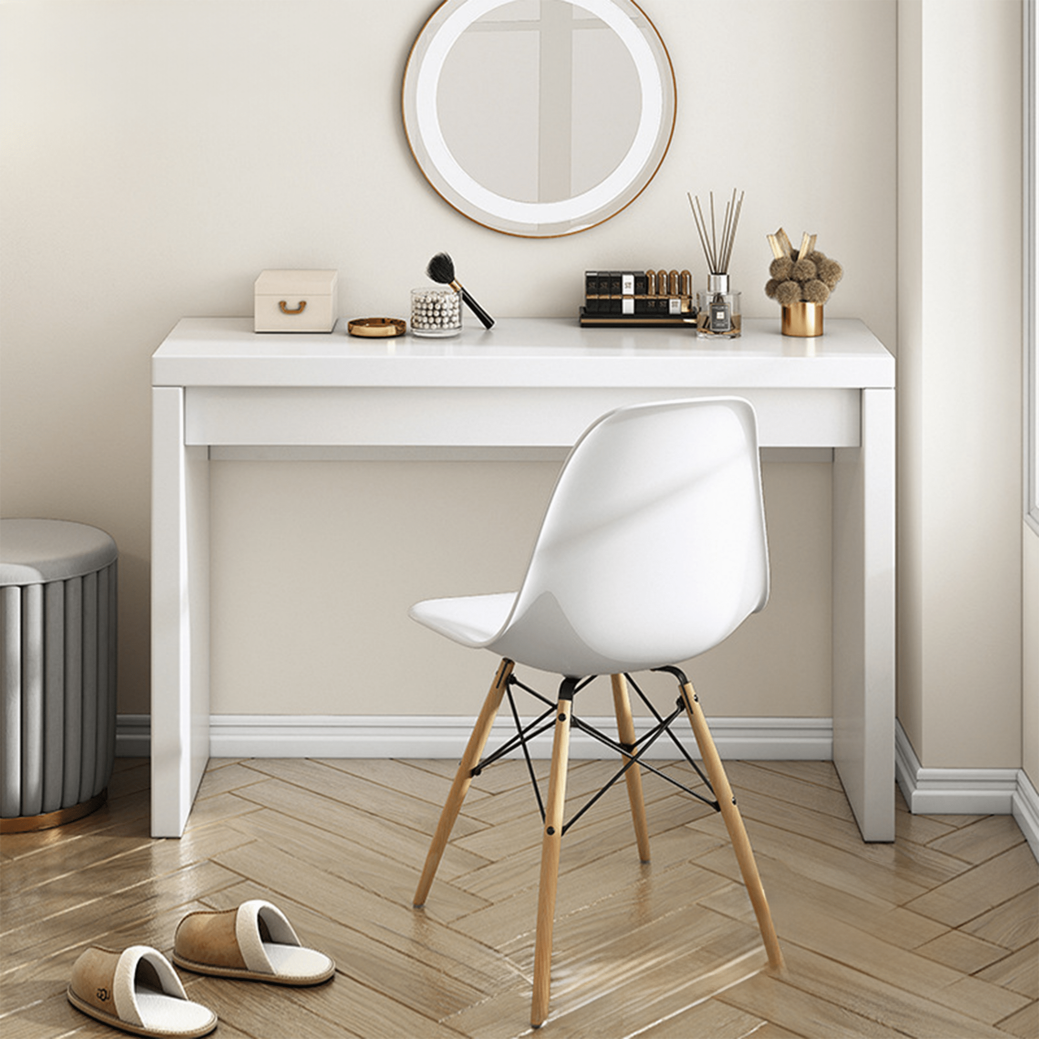 Viviere white dressing table styled as a vanity with round mirror and chair