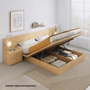 Ovada oak gas lift storage bed base with mattress raised showing storage