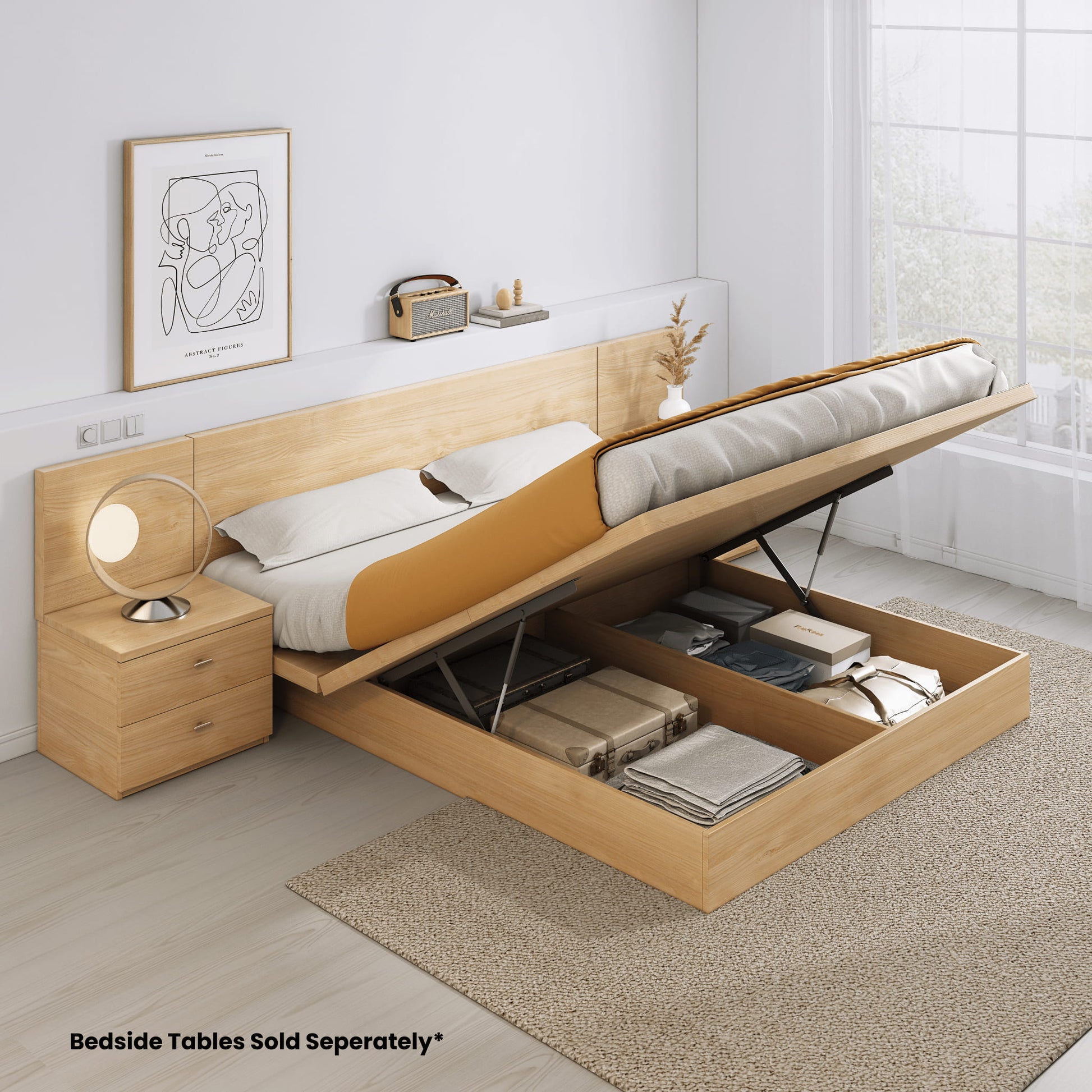 Ovada oak gas lift storage bed base with mattress raised showing storage
