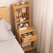 Sezze narrow oak bedside table with open shelves and drawer