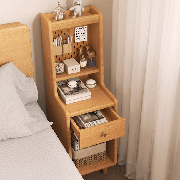 Sezze narrow oak bedside table with open shelves and drawer
