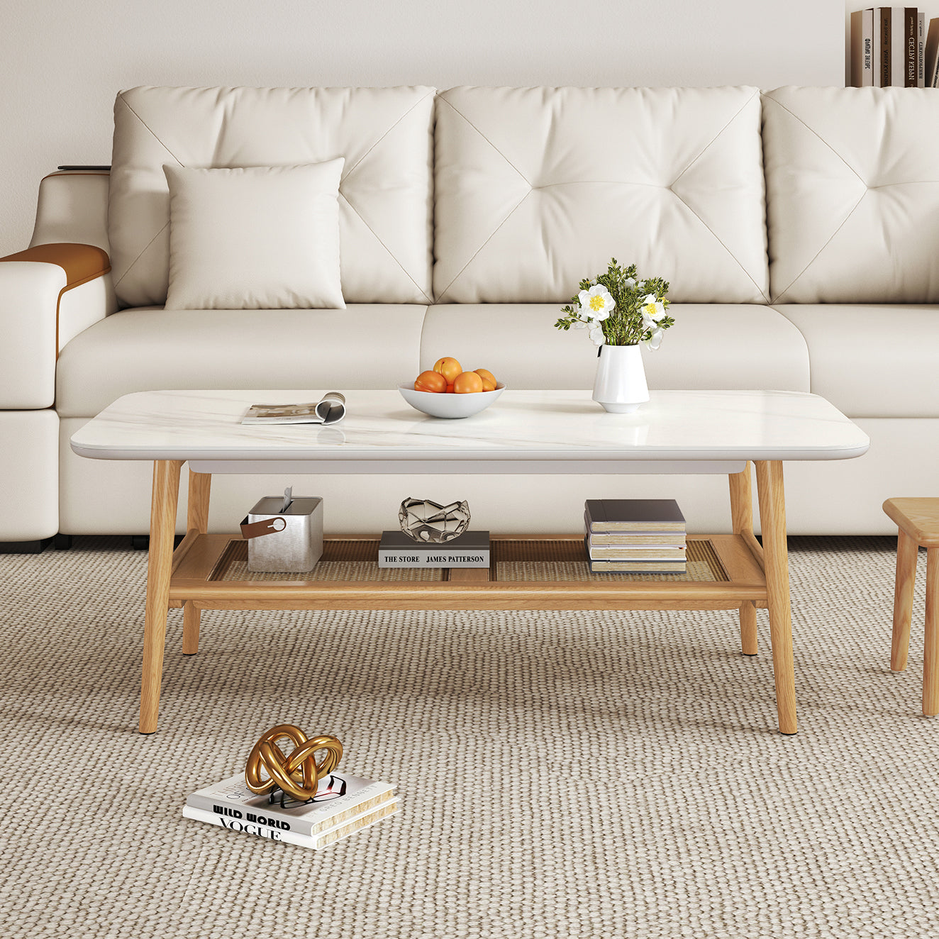 Remini white ceramic top coffee table with light wood frame