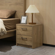 Platsa light oak bedside table with two drawers and black handles