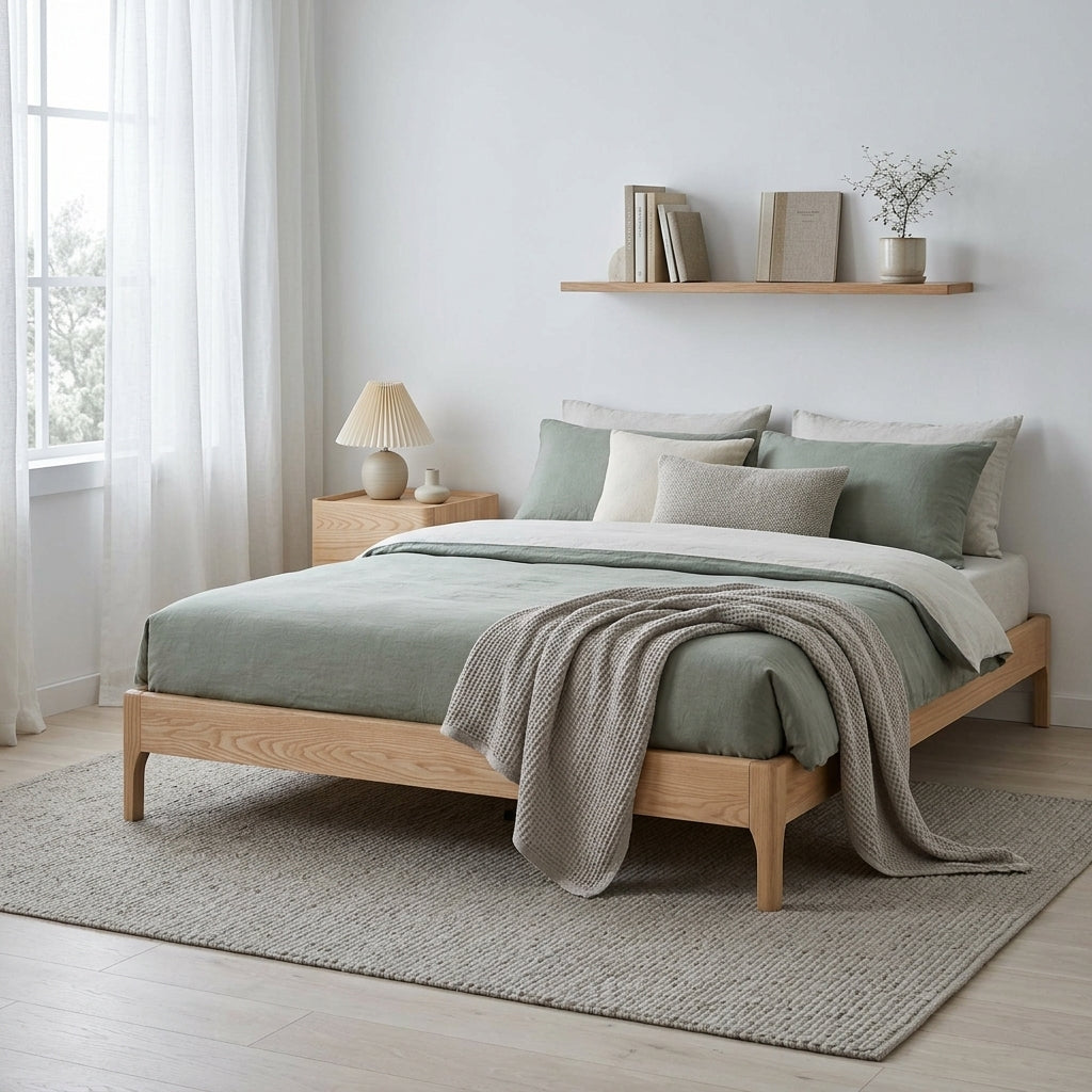 Aria low-profile solid ash platform bed base with grey throw