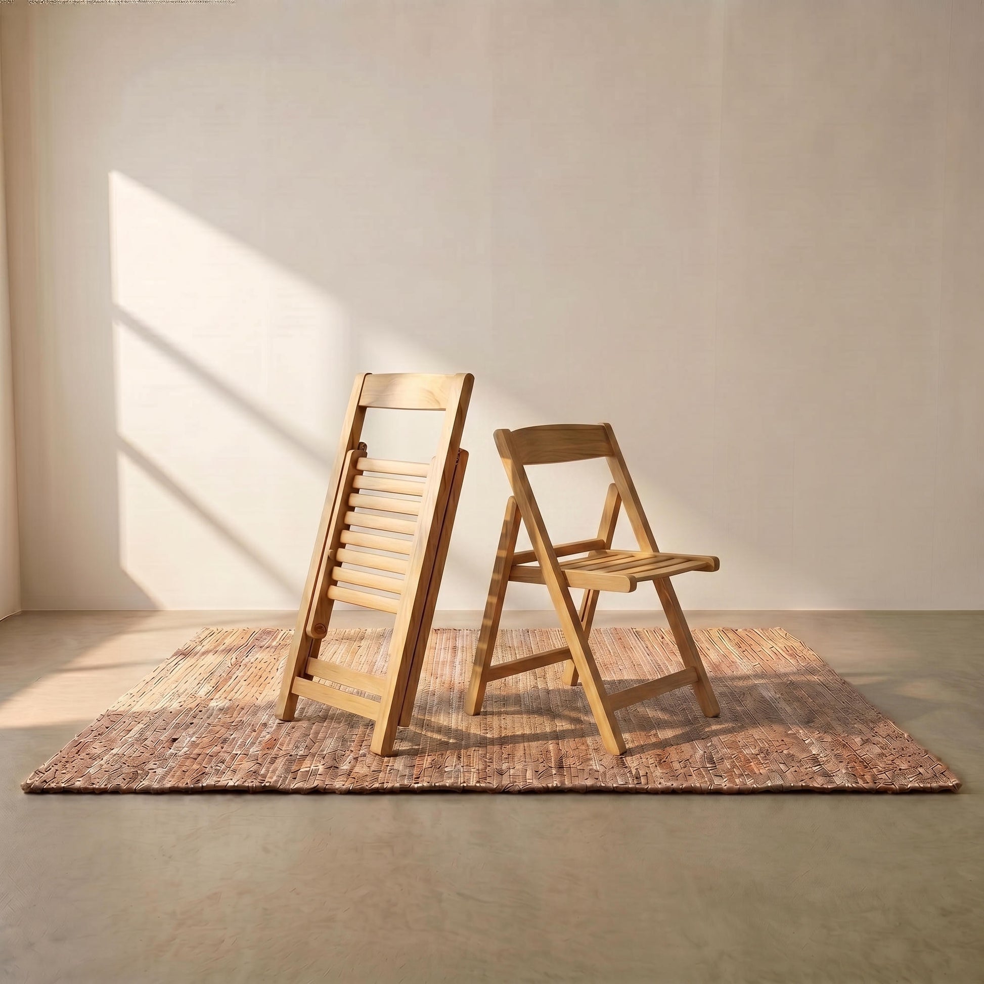 Lecce light wood folding chairs set up on a rug in a sunlit room